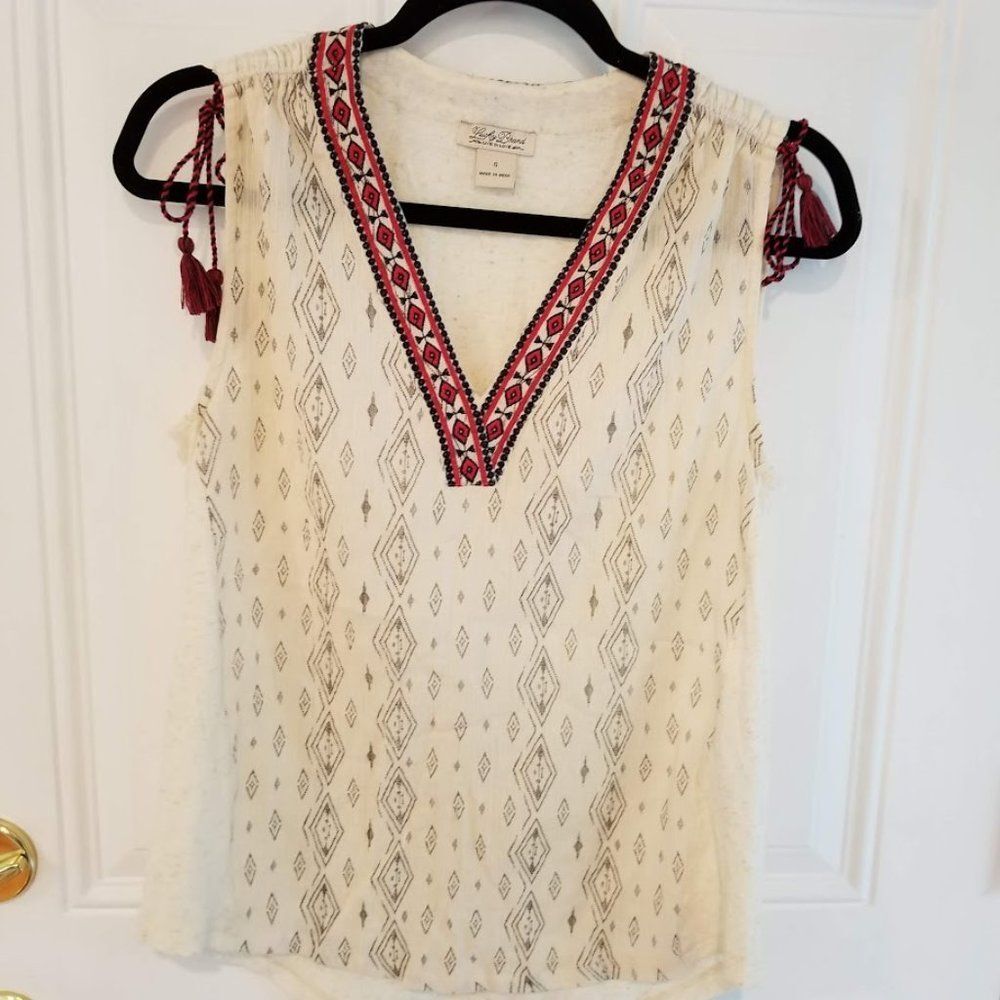 Lucky Boho Sleeveless Top with Tassels, Southwestern, cream red black, Sz Small